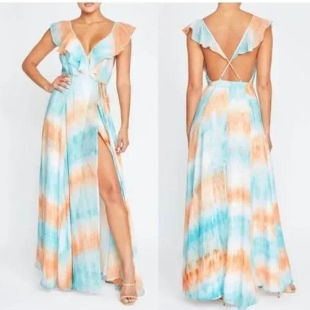 Luxxel Blue Orange Tie Dye Chiffon Frill Maxi Dress Blue Orange Sz M